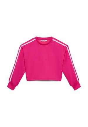 Felpa corta di colore rosa acceso con maniche lunghe, con strisce bianche lungo le spalle. Realizzata in tessuto strutturato, con polsini a coste.