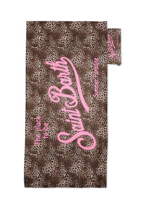 Asciugamano da spiaggia con stampa leopardata, con la scritta grande rosa "Saint Barth" e le frasi più piccole "The place to be" e "Summer Paradise".