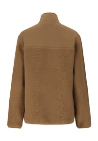 Braune Fleecejacke mit kontrastierendem, glattem Stoffeinsatz im Schulterbereich, langen Ärmeln und hohem Kragen, Rückansicht.