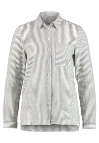 Camicia a righe in lino bianco e grigio. Presenta una tasca sul petto e un colletto classico. Maniche lunghe con polsini abbottonati.