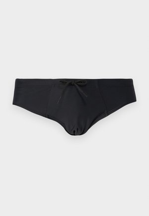 Black swim brief made of smooth fabric. Features a drawstring waist and a snug fit. No patterns or embellishments. Simple design.