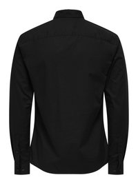 Black long-sleeve button-up shirt shown from the back with a straight collar and buttoned cuffs.