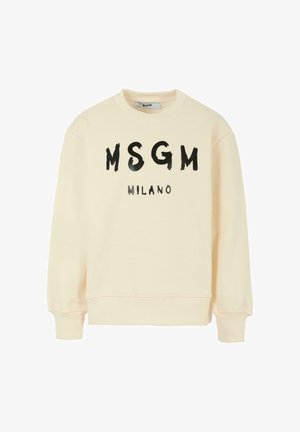 Kremowa bluza z czarnym napisem "MSGM MILANO". Posiada okrągły dekolt i ściągacze na mankietach. Wykonana z miękkiej, teksturowanej tkaniny.