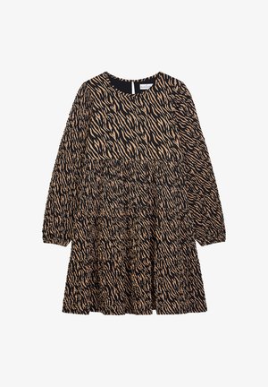 Langärmliges Kleid mit rundem Halsausschnitt, das ein schwarz-beiges Tigerstreifenmuster, ein gestuftes Design und einen weichen, strukturierten Stoff aufweist.