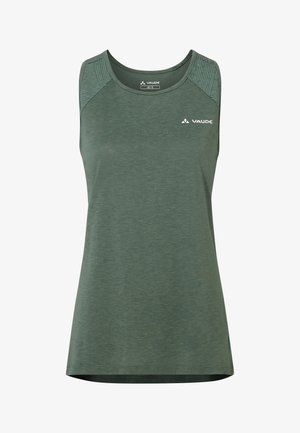 Groen sportief mouwloos topje met subtiele patroonpanelen op de schouders en wit VAUDE-logo op de borst en aan de binnenkant van de halslijn.