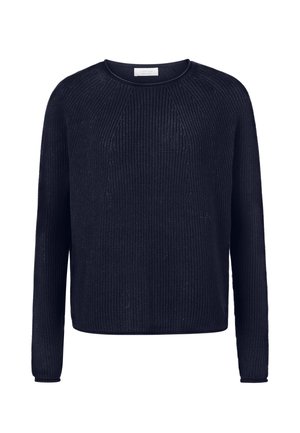 Tmavomodrý pletený sveter s dlhými rukávmi, okrúhlym výstrihom, rebrovanou textúrou a voľným strihom. Má vodorovné čiary a jednoduchý dizajn.