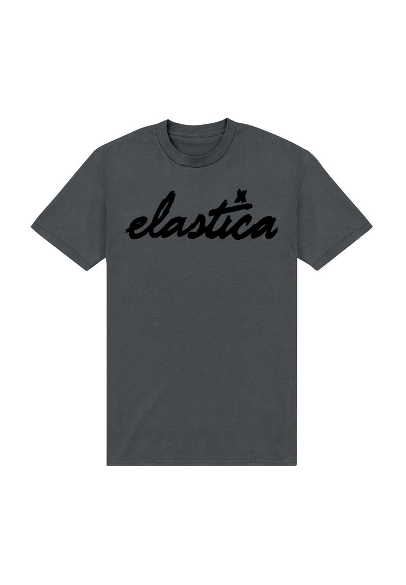 Grå bomulds T-shirt med et stort sort kursiv logo, der står "elastica" tværs over brystet. Korte ærmer og rund halsudskæring.