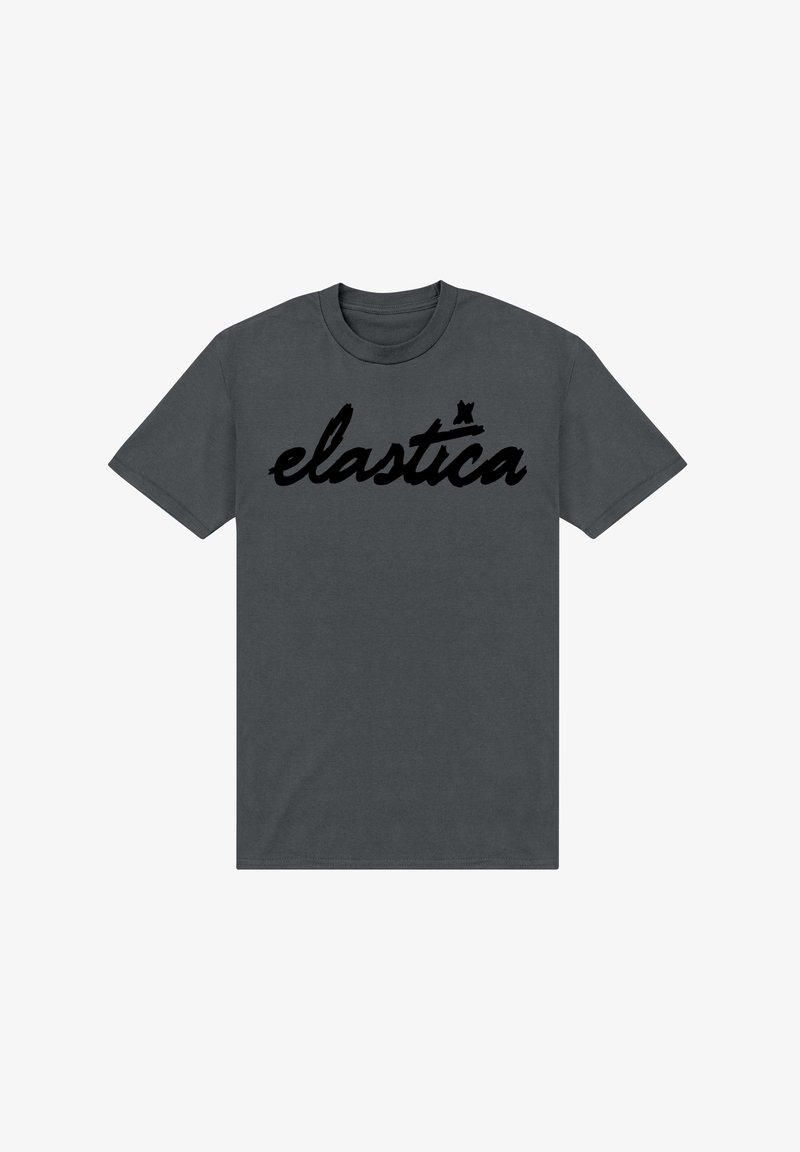 Graues Baumwoll-T-Shirt mit einem großen schwarzen, kursiven Logo, das "elastica" über die Brust trägt. Kurze Ärmel und runder Ausschnitt.
