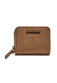 Portafoglio texturizzato marrone con chiusura a zip, caratterizzato da un sottile motivo coccodrillo e un logo nero sulla parte frontale.