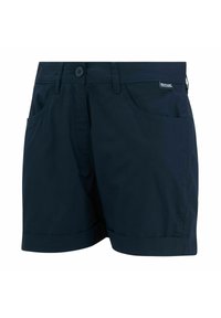 Shorts décontractés bleu marine avec bouton avant, passants pour ceinture, poches latérales et petit logo Regatta Great Outdoors sur la poche droite.