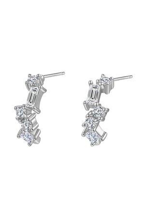 Silver-tone earrings featuring round and emerald-cut cubic zirconia stones, arranged in a staggered, elegant design.