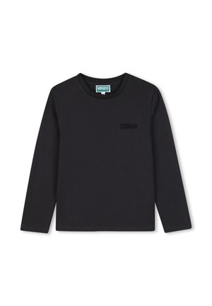 Zwart kinder t-shirt met lange mouwen en ronde hals, met subtiel zwart Kenzo-logo op de borst en groen Kenzo-label binnenin de kraag.