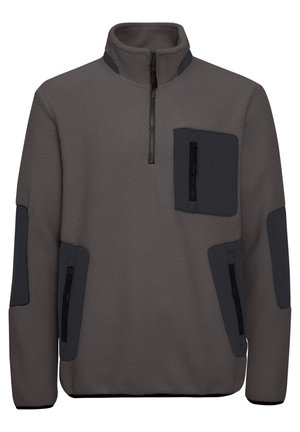 Grå fleece genser med høy krage, kvart glidelås foran og sorte detaljer. Har to glidelåslommer foran.