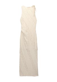 Cremfarbendes, ärmelloses Kleid mit gewellter Textur, diagonalen Blumenmustern, seitlichen Rüschen und einer Bindeschleife an der Schulter.