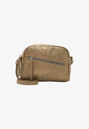 Gold metallic crossbody bag with a zippered front pocket, smooth texture, and an adjustable strap. Features subtle brand logo detail.