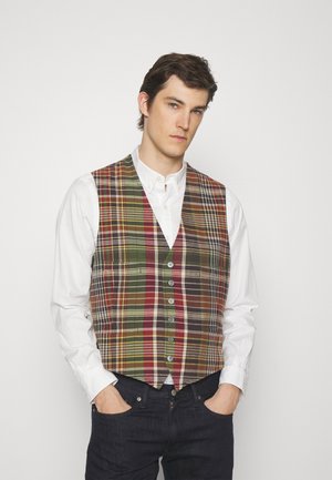 Rutet vest i grønne, røde og gule nuancer, med V-hals, seks knapper og en skræddersyet pasform over en hvid skjorte.