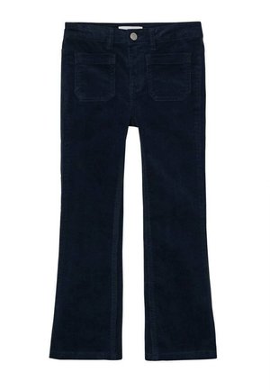 Pantalones de pana azul marino con bolsillos delanteros de parche, cierre de botones, trabillas para cinturón y corte recto en las piernas.