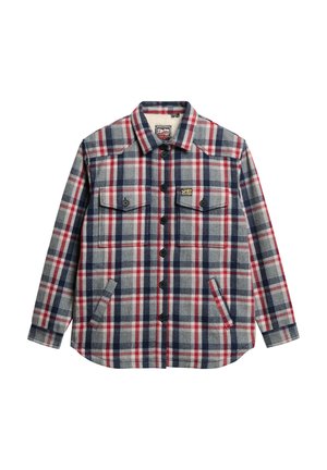 Skjortejakke med lange ærmer og knapper foran i et rød, navy og gråt ternet mønster, to brystlommer med klap og to sidelommer.