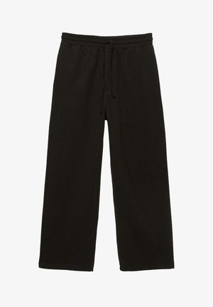 Czarne spodnie w szerokim kroju z elastycznym pasem i sznurkiem, wykonane z miękkiej tkaniny w prążki.
