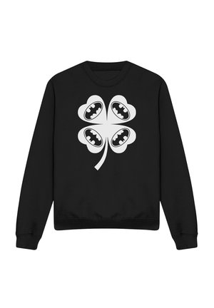 Black long-sleeve sweatshirt with a large white four-leaf clover, each leaf containing a black Batman logo.