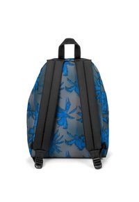Zaino con motivo di foglie di palma blu su un materiale trasparente. Spallacci neri regolabili e manico superiore. Forma arrotondata, design elegante.