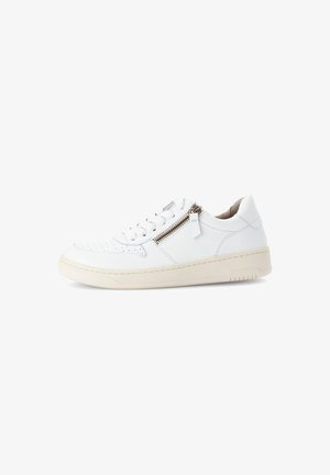 White leather sneakers with a textured finish, round toe, lace-up front, side zipper detail, and a cushioned beige sole.
