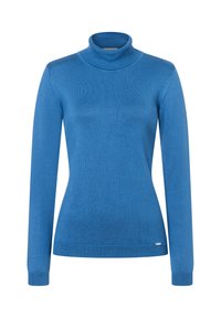 Blauer Rollkragenpullover aus glattem, dehnbarem Stoff. Verfügt über lange Ärmel und ein tailliertes Design, mit einem kleinen Logo am Saum.
