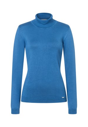 Blauer Rollkragenpullover aus glattem, dehnbarem Stoff. Verfügt über lange Ärmel und ein tailliertes Design, mit einem kleinen Logo am Saum.