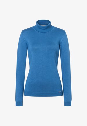 Blauwe coltrui gemaakt van gladde, rekbare stof. Heeft lange mouwen en een aansluitend ontwerp, met een klein logo op de zoom.