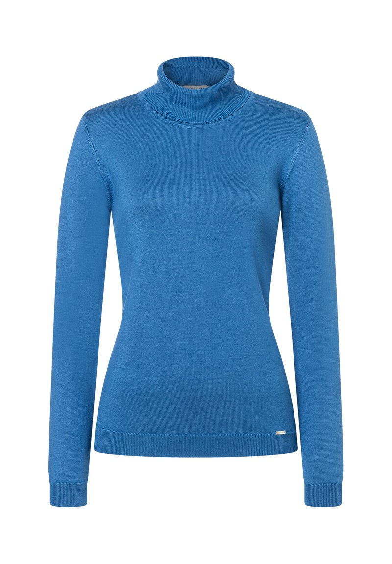 Blauer Rollkragenpullover aus glattem, dehnbarem Stoff. Verfügt über lange Ärmel und ein tailliertes Design, mit einem kleinen Logo am Saum.