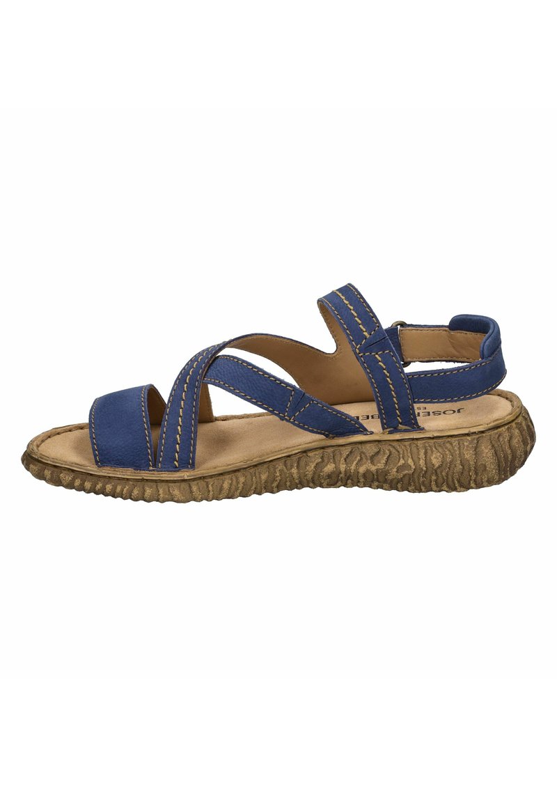 Blå lædersandal med krydsrem-design, tekstureret gummi sål og blød inderside. Har gule stikninger som accent.