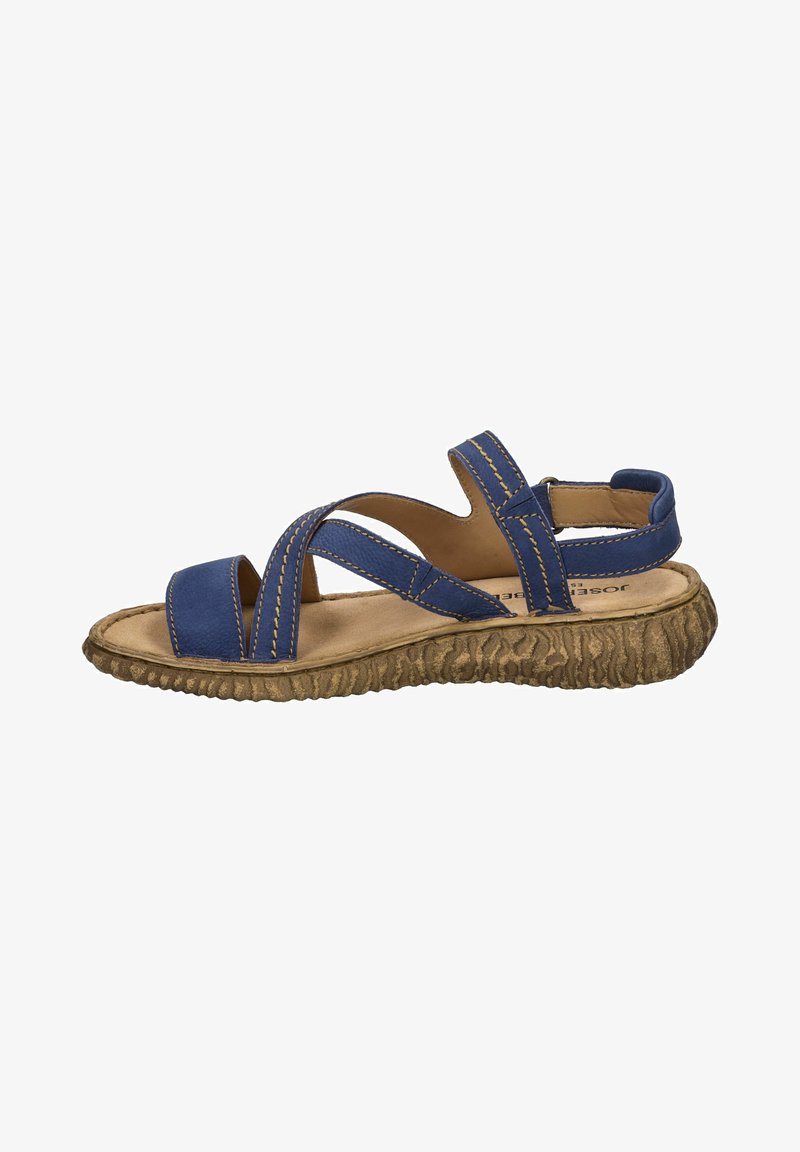 Blå lædersandal med krydsrem-design, tekstureret gummi sål og blød inderside. Har gule stikninger som accent.