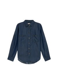 Cămașă din denim de culoare albastru închis, cu mâneci lungi, închidere cu butoane în față, două buzunare pe piept și detalii cu manșete rulante. Textură netedă, croială casual.