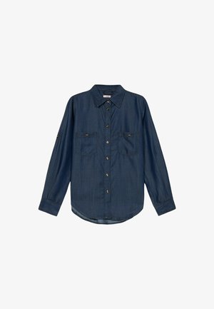 Dunkelblauses Denimhemd mit langen Ärmeln, Knopfleiste, zwei Brusttaschen und aufgekrempelten Ärmeldetails. Glatte Textur, lässige Passform.