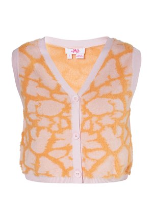 Růžový bezrukávový cardigan s chlupatým oranžovým vzorem, má výstřih do V a pět růžových knoflíků vpředu. Měkká textura, zkrácený střih.