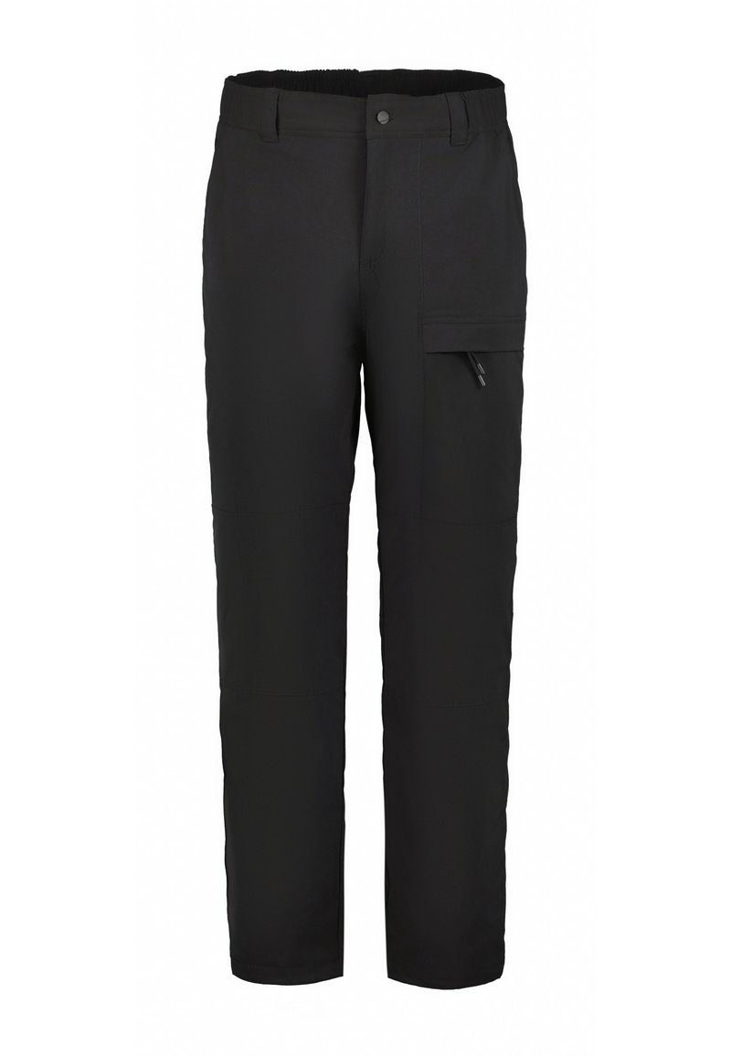 Czarne spodnie cargo wykonane z wytrzymałego materiału, z elastycznym pasem, boczną kieszenią i prostym krojem nogawki. Gładka faktura, bez widocznych wzorów.