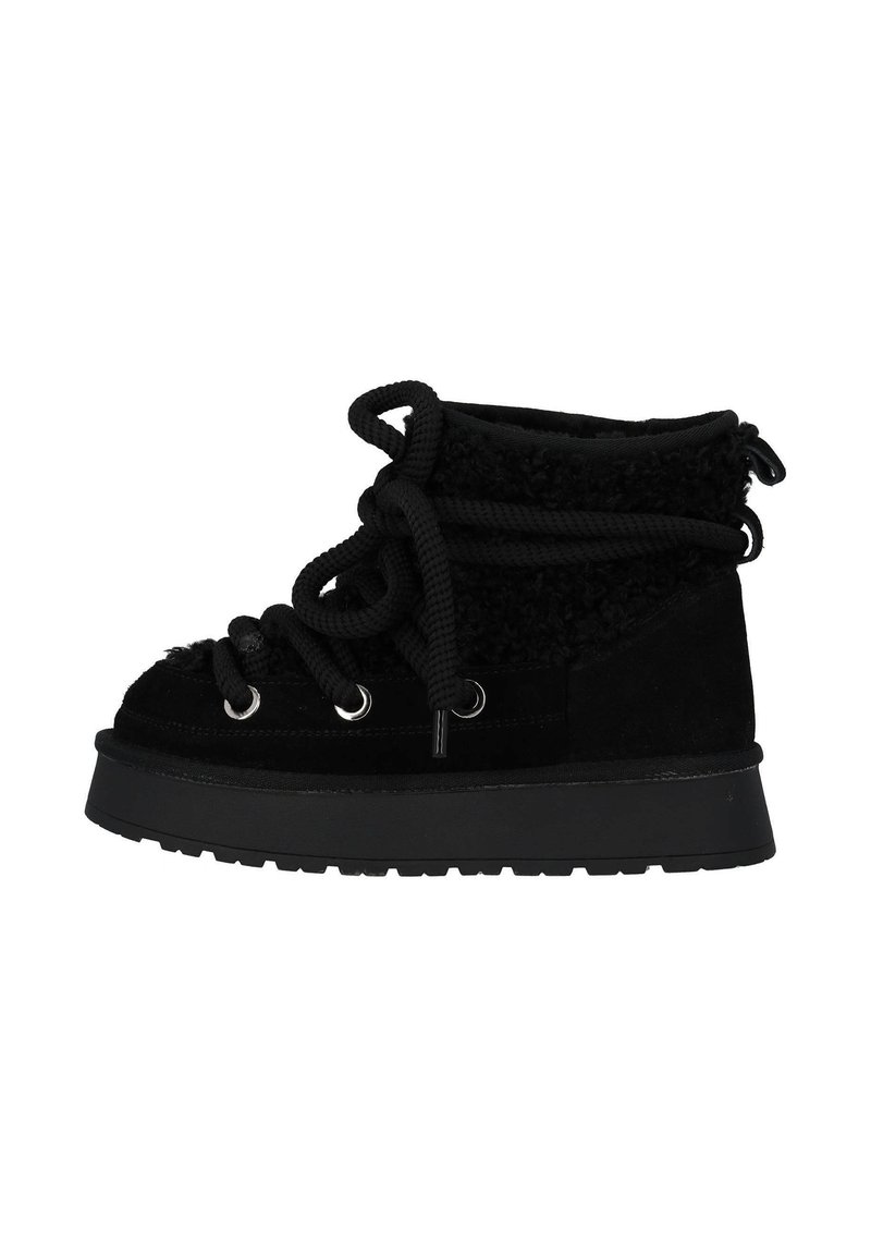 Black ankle boots with a textured fabric upper and suede accents. Features thick black laces, metal eyelets, and a flat rubber sole.
