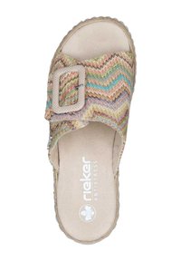 Tkané v ícebarevné nazouvací boty s širokým pásem a obdélníkovou sponou. Texturovaný svršek, plochá podrážka s měkkým vnitřním polstrováním.