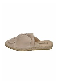 Light beige espadrille slip-on with a knotted design. Soft suede material, jute-wrapped sole, and a flat, flexible footbed.