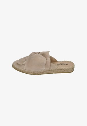 Helle beige Espadrille-Slipper mit einem geknoteten Design. Weiches Wildleder-Material, juteumwickelter Schuhsohle und eine flache, flexible Fußbett.