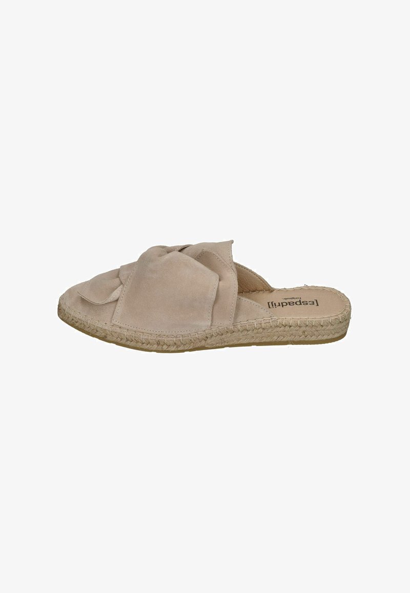 Light beige espadrille slip-on with a knotted design. Soft suede material, jute-wrapped sole, and a flat, flexible footbed.