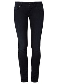 Mörkblå jeans i skinny fit, med knappstängning, femficksdesign och en slät yta utan synliga slitningar.