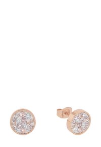 Orecchini a perno rotondi in oro rosa che presentano un grappolo di cristalli trasparenti e rosa di diverse dimensioni su una superficie liscia.