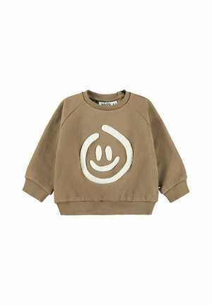 Barnets brune sweatshirt med stort hvidt tekstureret smiley ansigt på fronten og ribkantede manchetter og bund.