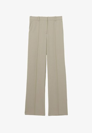 Beige bredde bukser med skræddersyet design, der har to forlommer, bæltestropper og folder ned langs forsiden.