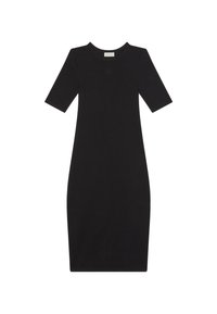 Rochie neagră, până la genunchi, mulată, cu mâneci scurte și decolteu rotund, având un mic detaliu cu logo pe piept.