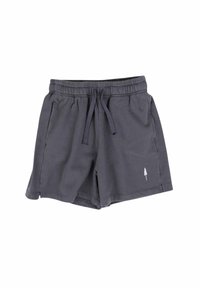 Pantaloni corti grigi in cotone con cintura elasticizzata, cordoncino, tasche laterali e piccola ricamo di un albero sul lato sinistro.