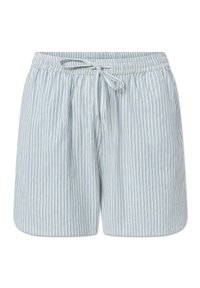 Lichtblauwe gestreepte shorts gemaakt van zachte stof, met een elastische tailleband en een trekkoord. Comfortabele pasvorm en korte lengte.