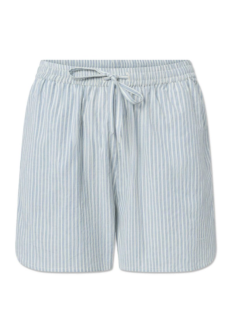 Lichtblauwe gestreepte shorts gemaakt van zachte stof, met een elastische tailleband en een trekkoord. Comfortabele pasvorm en korte lengte.