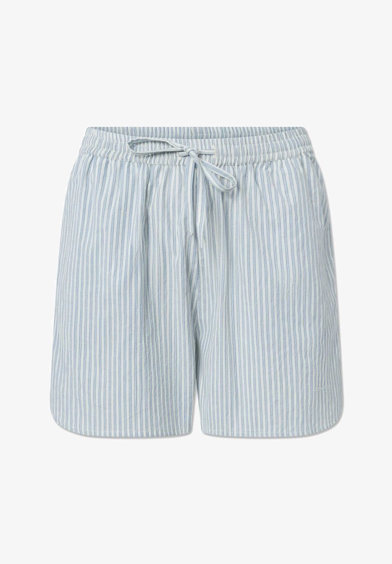 Lichtblauwe gestreepte shorts gemaakt van zachte stof, met een elastische tailleband en een trekkoord. Comfortabele pasvorm en korte lengte.